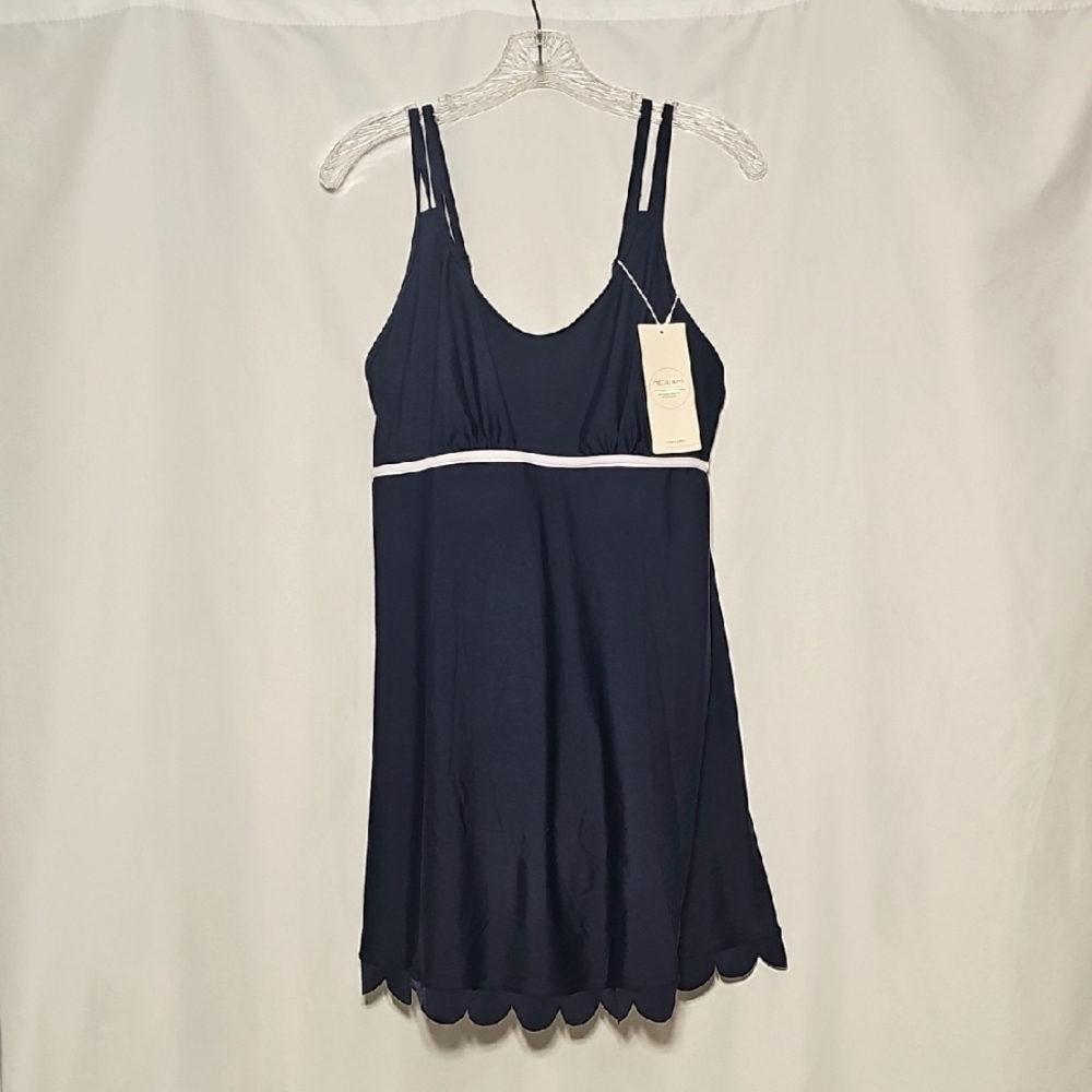 Dokotoo Navy Blue Swim Dress Scalloped Hem White Trim Size L
